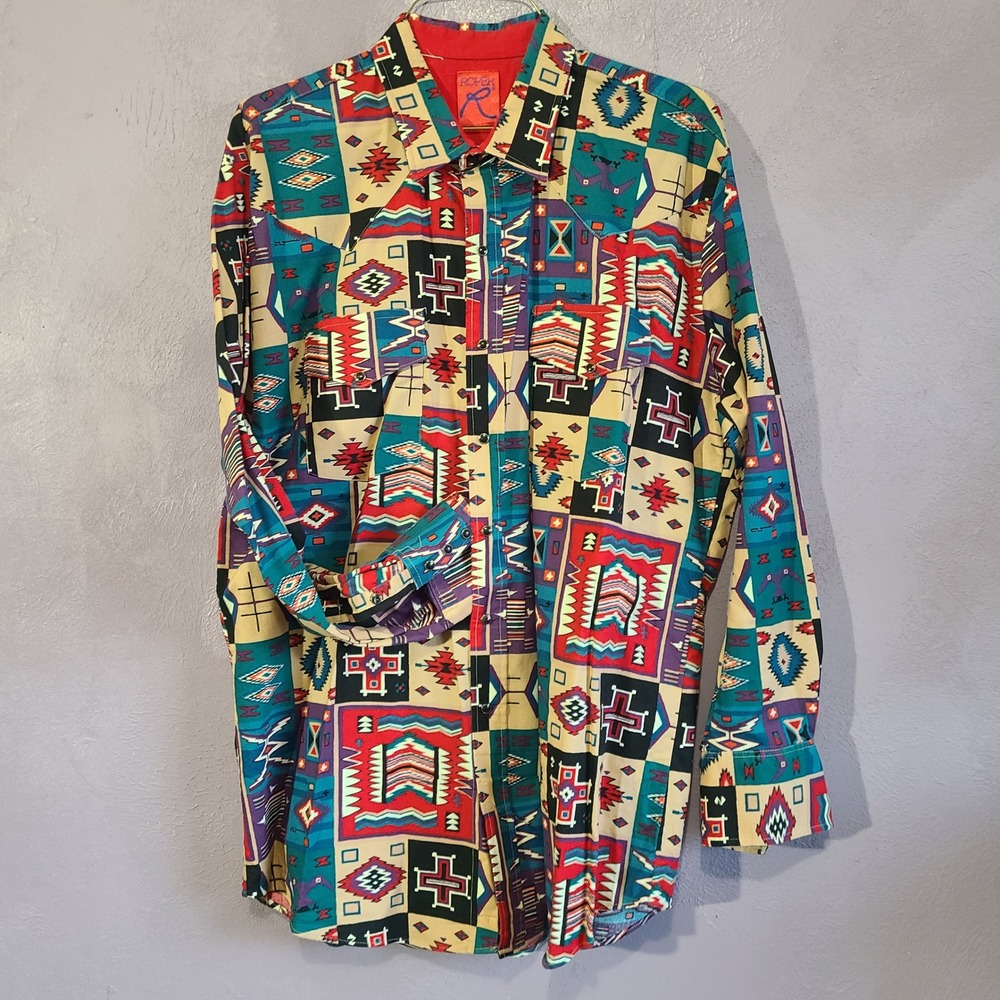 Vtg 90s Roper Wild Bright Aztec Print LS Western Rodeo Shirt Mens XLT Multi‎